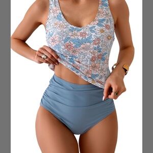 Floral Print Swim Tank Top and Blue High-Waisted Bottoms